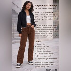 Empyre Tori Corduroy Straight Pants – Juniors Size 1